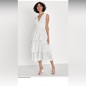 Make It Mesmerizing White Jacquard Tiered Midi Dress